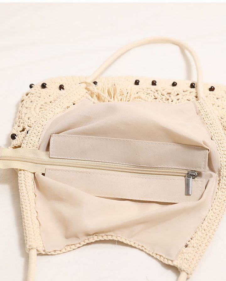 Beige Hollow Crochet Hobo Shoulder Bag With Wooden Bead Tassel Boho Woven Handbag