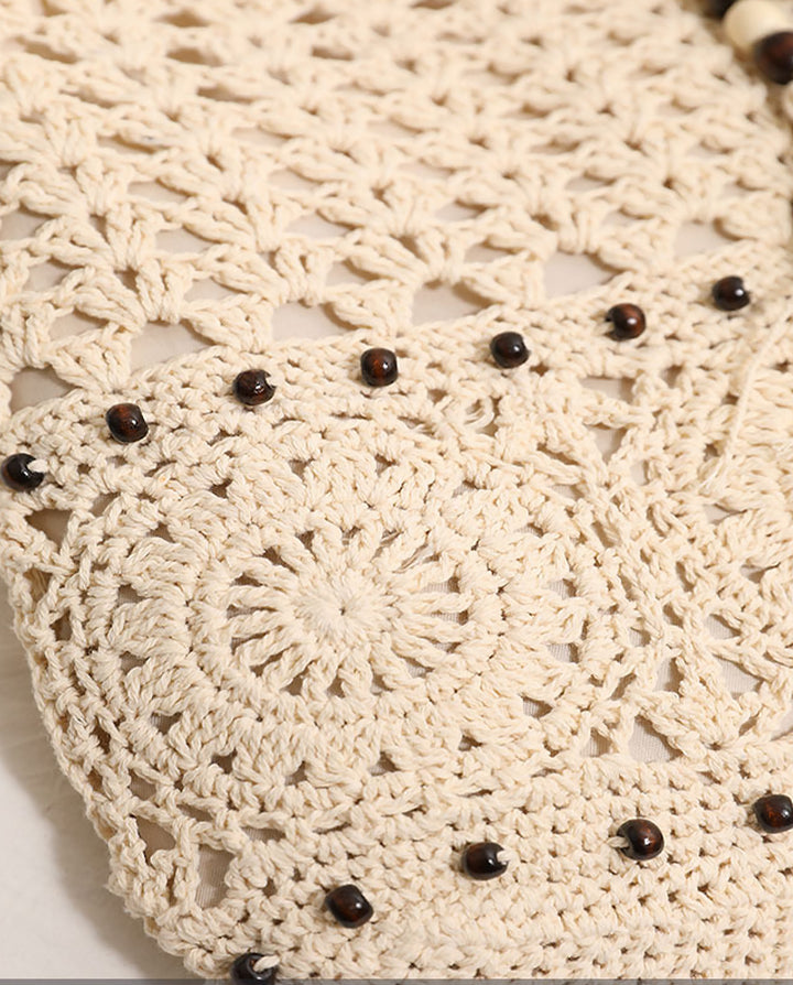 Beige Hollow Crochet Hobo Shoulder Bag With Wooden Bead Tassel Boho Woven Handbag
