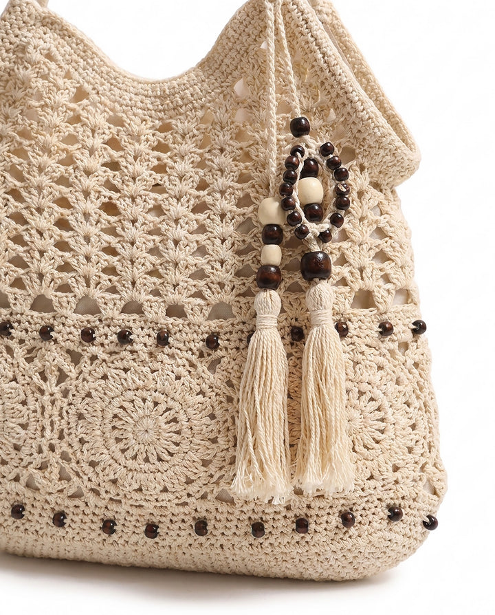 Beige Hollow Crochet Hobo Shoulder Bag With Wooden Bead Tassel Boho Woven Handbag