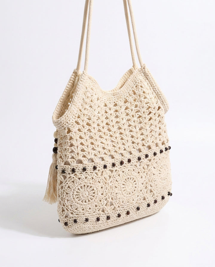 Beige Hollow Crochet Hobo Shoulder Bag With Wooden Bead Tassel Boho Woven Handbag