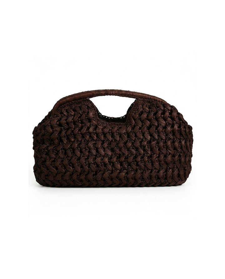 Dark Brown Thick Woven Straw Top Handle Clutch Bag Retro Hollow Handheld Purse