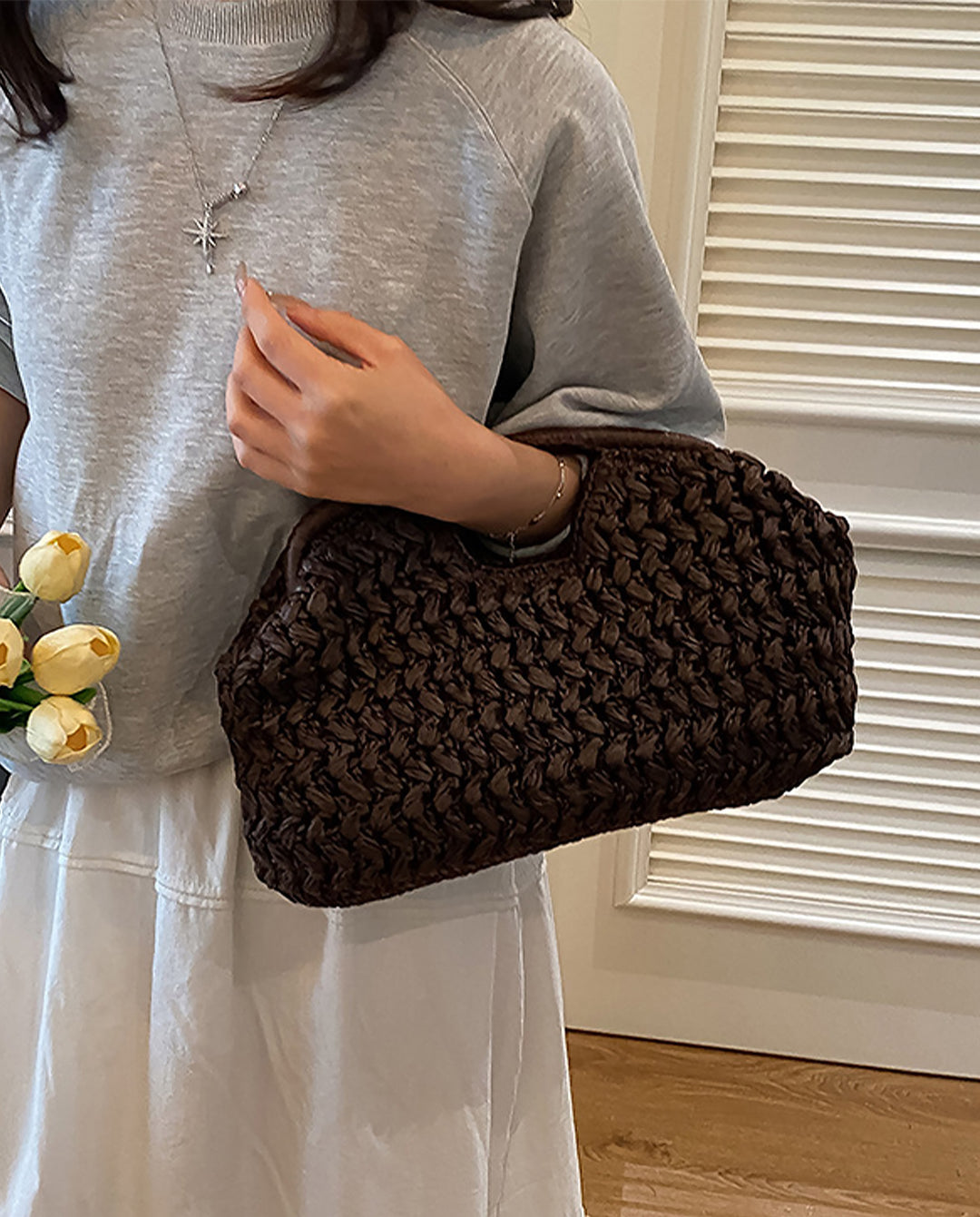 Dark Brown Thick Woven Straw Top Handle Clutch Bag Retro Hollow Handheld Purse