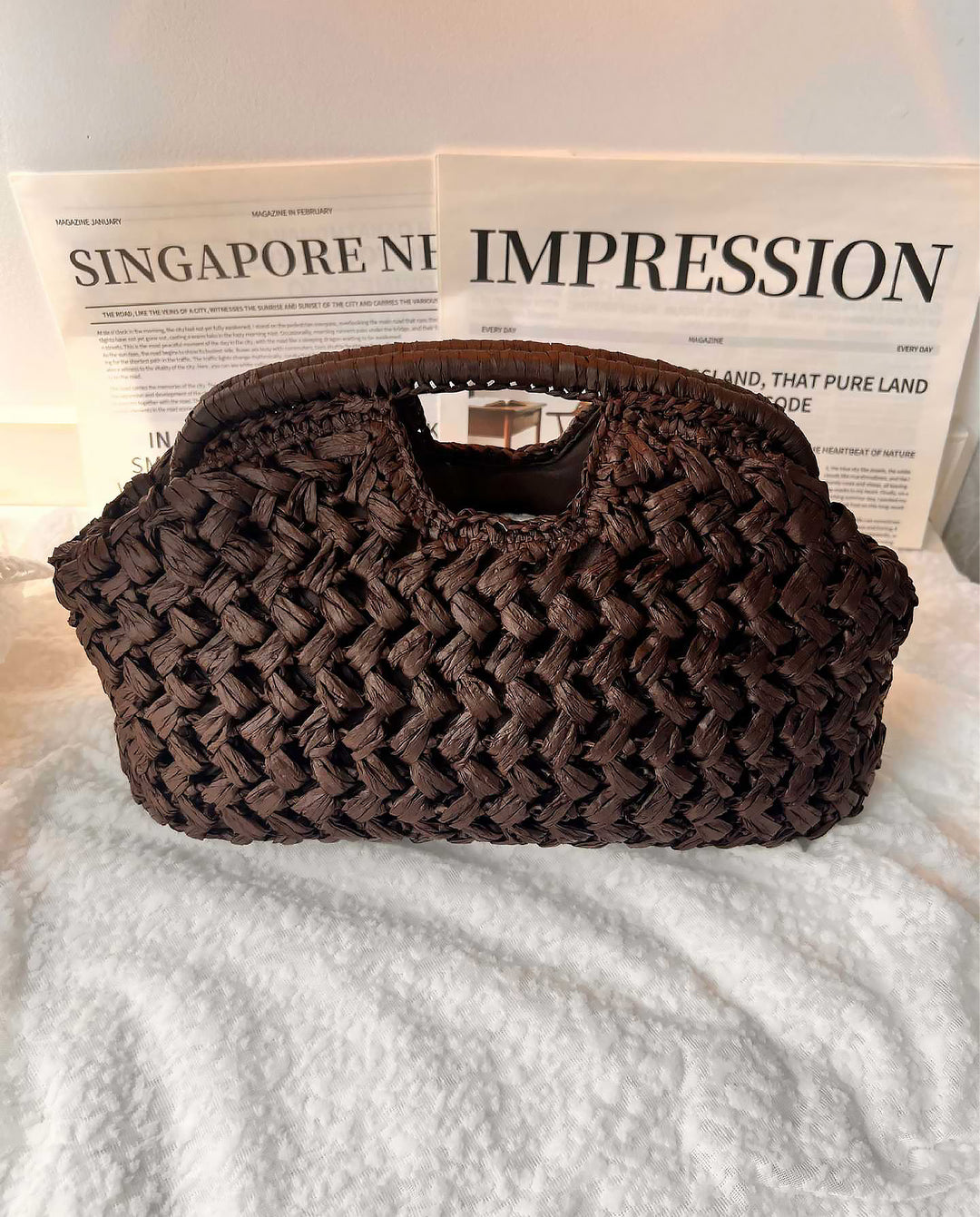 Dark Brown Thick Woven Straw Top Handle Clutch Bag Retro Hollow Handheld Purse