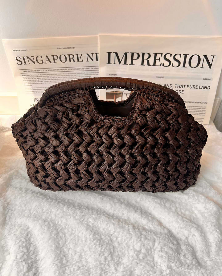 Dark Brown Thick Woven Straw Top Handle Clutch Bag Retro Hollow Handheld Purse
