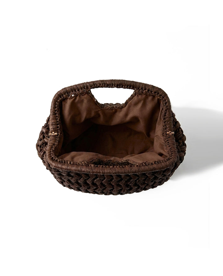 Dark Brown Thick Woven Straw Top Handle Clutch Bag Retro Hollow Handheld Purse