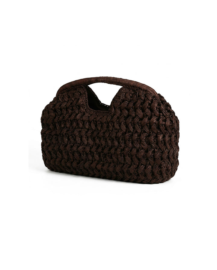 Dark Brown Thick Woven Straw Top Handle Clutch Bag Retro Hollow Handheld Purse
