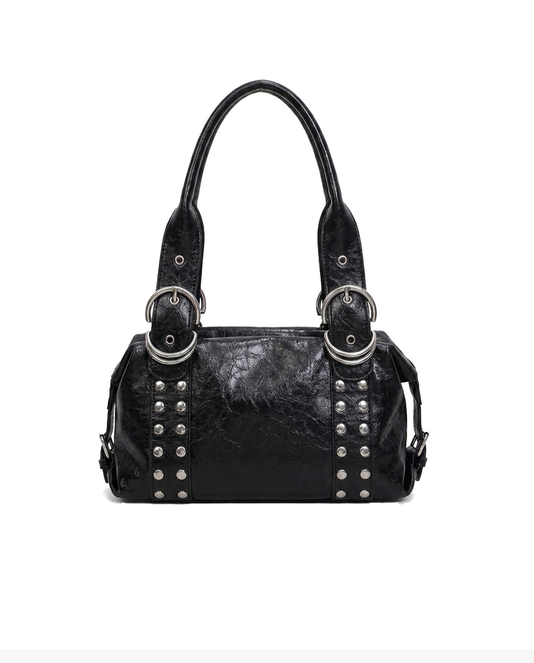 Black Crinkled Faux Leather Shoulder Bag Silver Rivet O‑Ring Decor Y2K Satchel Handbag