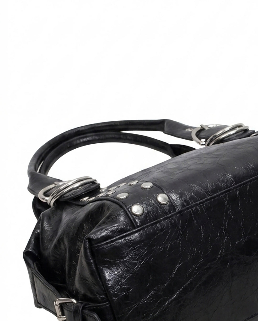 Black Crinkled Faux Leather Shoulder Bag Silver Rivet O‑Ring Decor Y2K Satchel Handbag