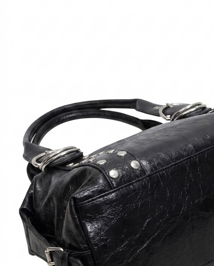 Black Crinkled Faux Leather Shoulder Bag Silver Rivet O‑Ring Decor Y2K Satchel Handbag