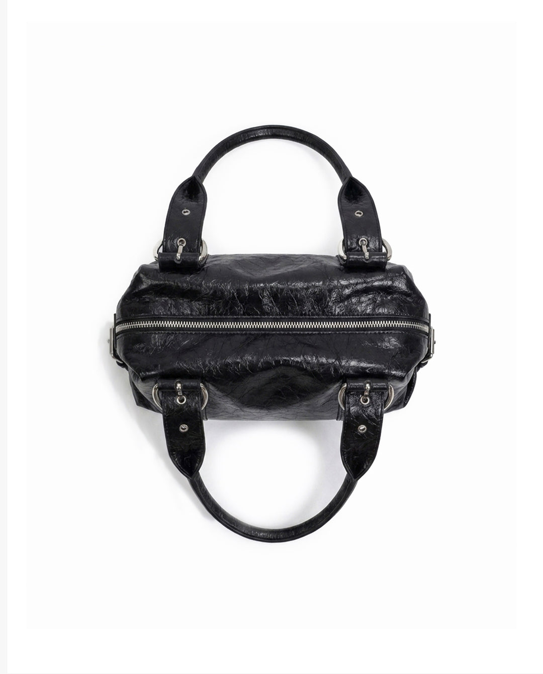 Black Crinkled Faux Leather Shoulder Bag Silver Rivet O‑Ring Decor Y2K Satchel Handbag