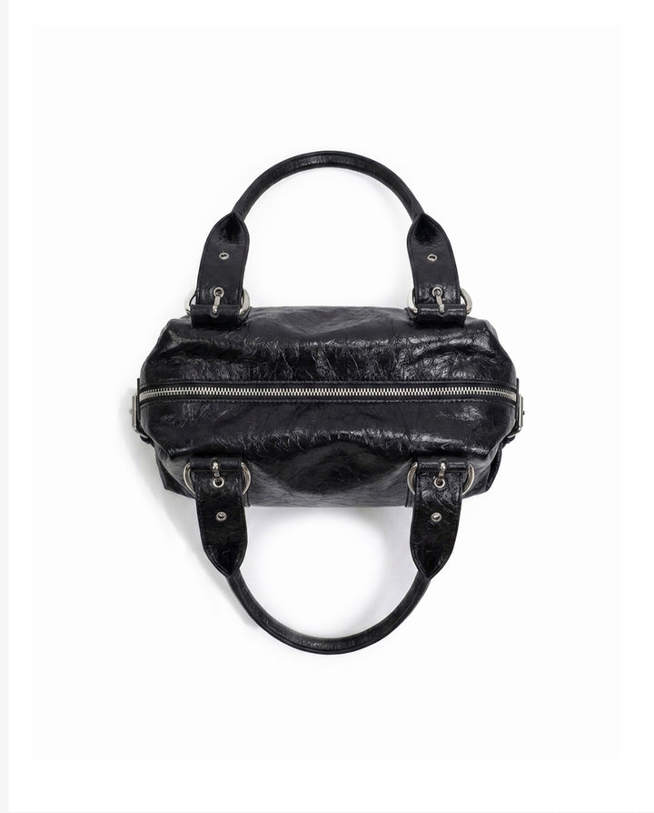 Black Crinkled Faux Leather Shoulder Bag Silver Rivet O‑Ring Decor Y2K Satchel Handbag