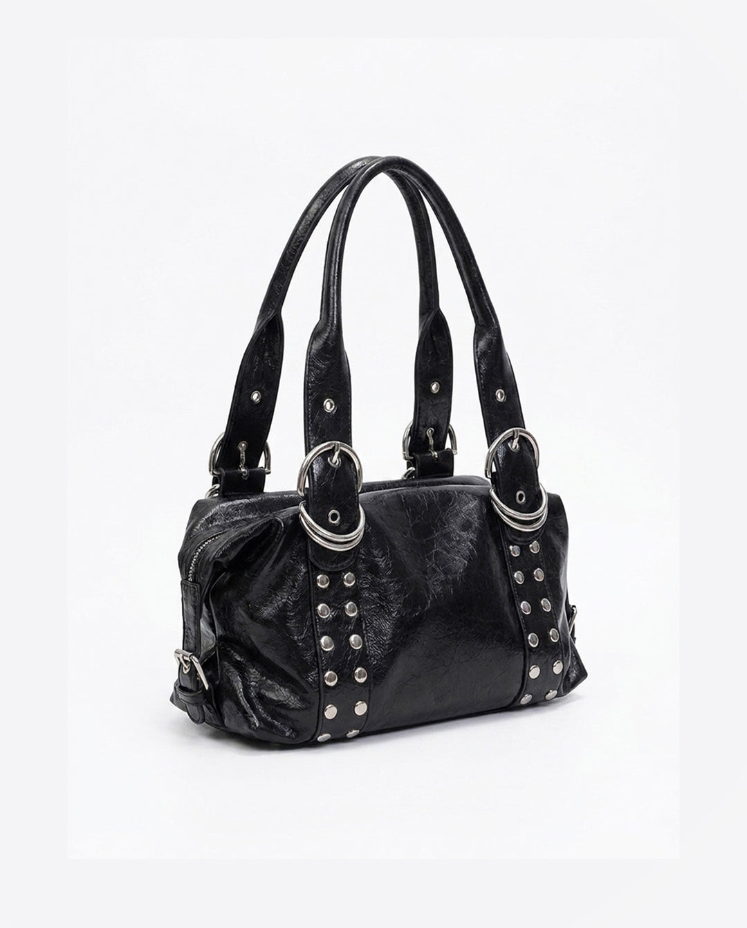 Black Crinkled Faux Leather Shoulder Bag Silver Rivet O‑Ring Decor Y2K Satchel Handbag