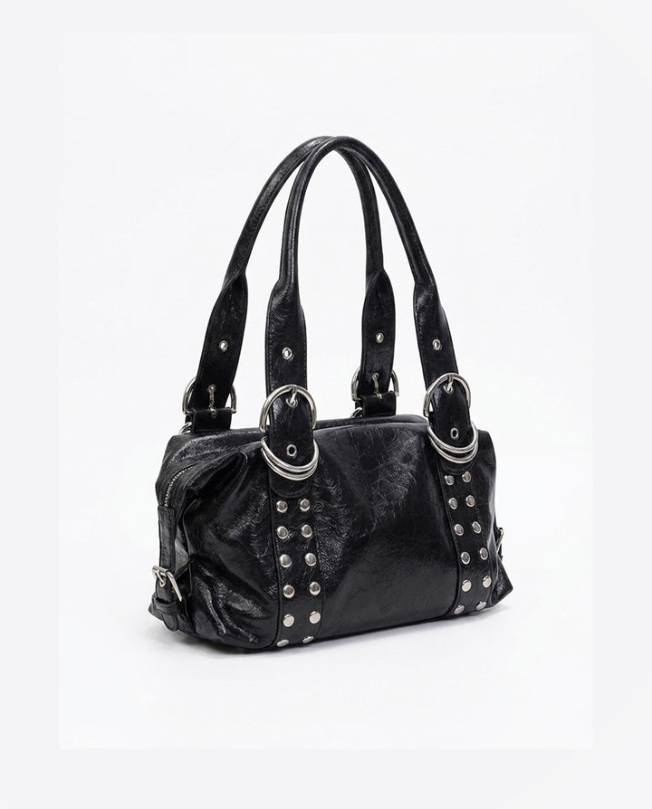 Black Crinkled Faux Leather Shoulder Bag Silver Rivet O‑Ring Decor Y2K Satchel Handbag