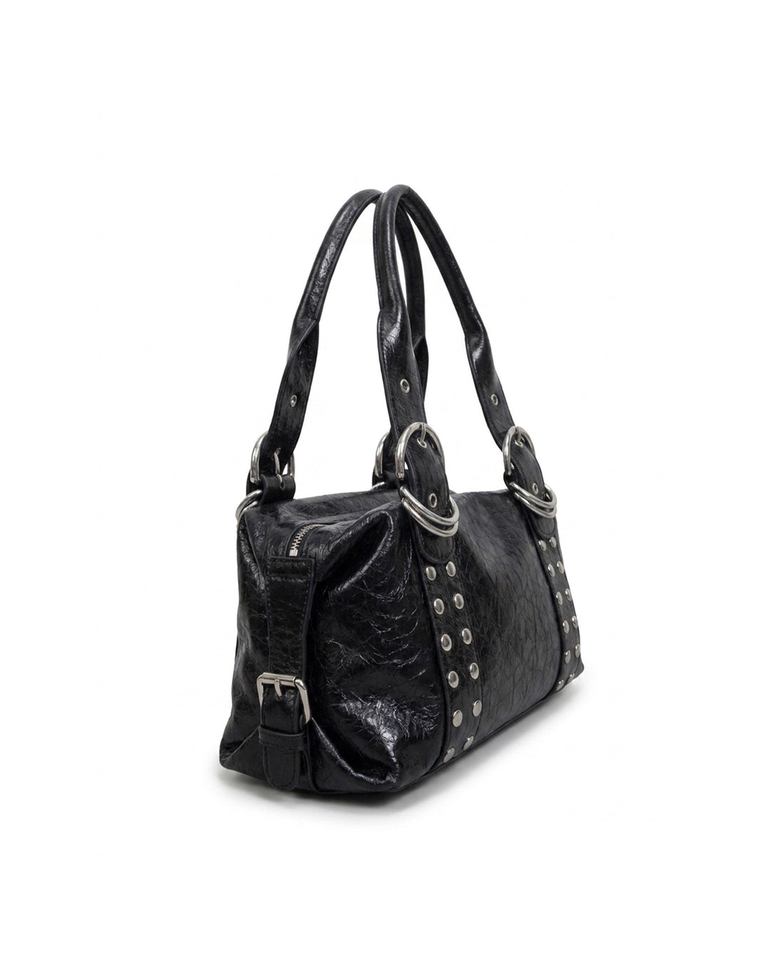 Black Crinkled Faux Leather Shoulder Bag Silver Rivet O‑Ring Decor Y2K Satchel Handbag