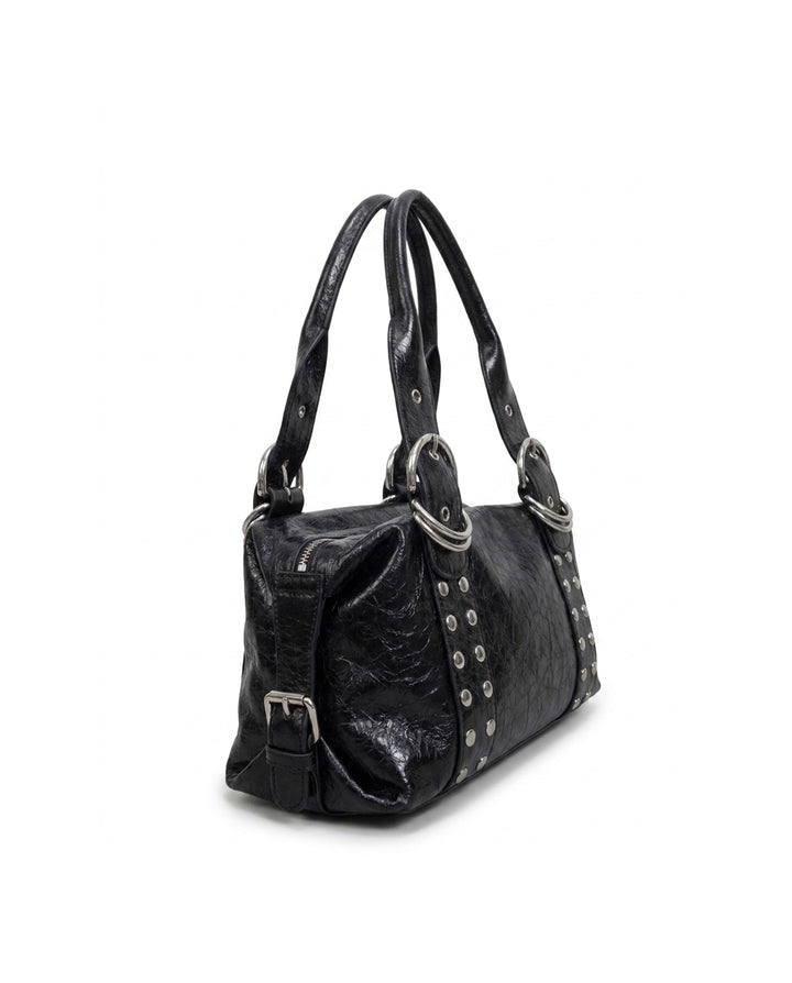 Black Crinkled Faux Leather Shoulder Bag Silver Rivet O‑Ring Decor Y2K Satchel Handbag