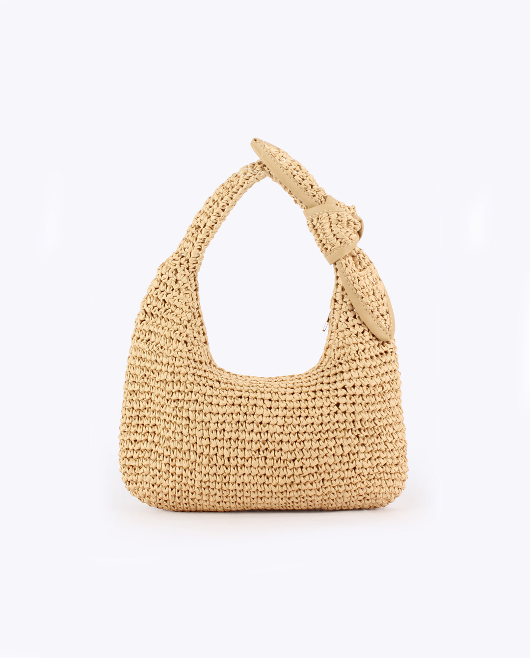 Beige Crochet Straw Hobo Shoulder Bag Knotted Strap Summer Beach Handbag