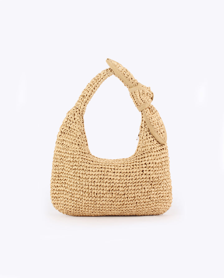 Beige Crochet Straw Hobo Shoulder Bag Knotted Strap Summer Beach Handbag