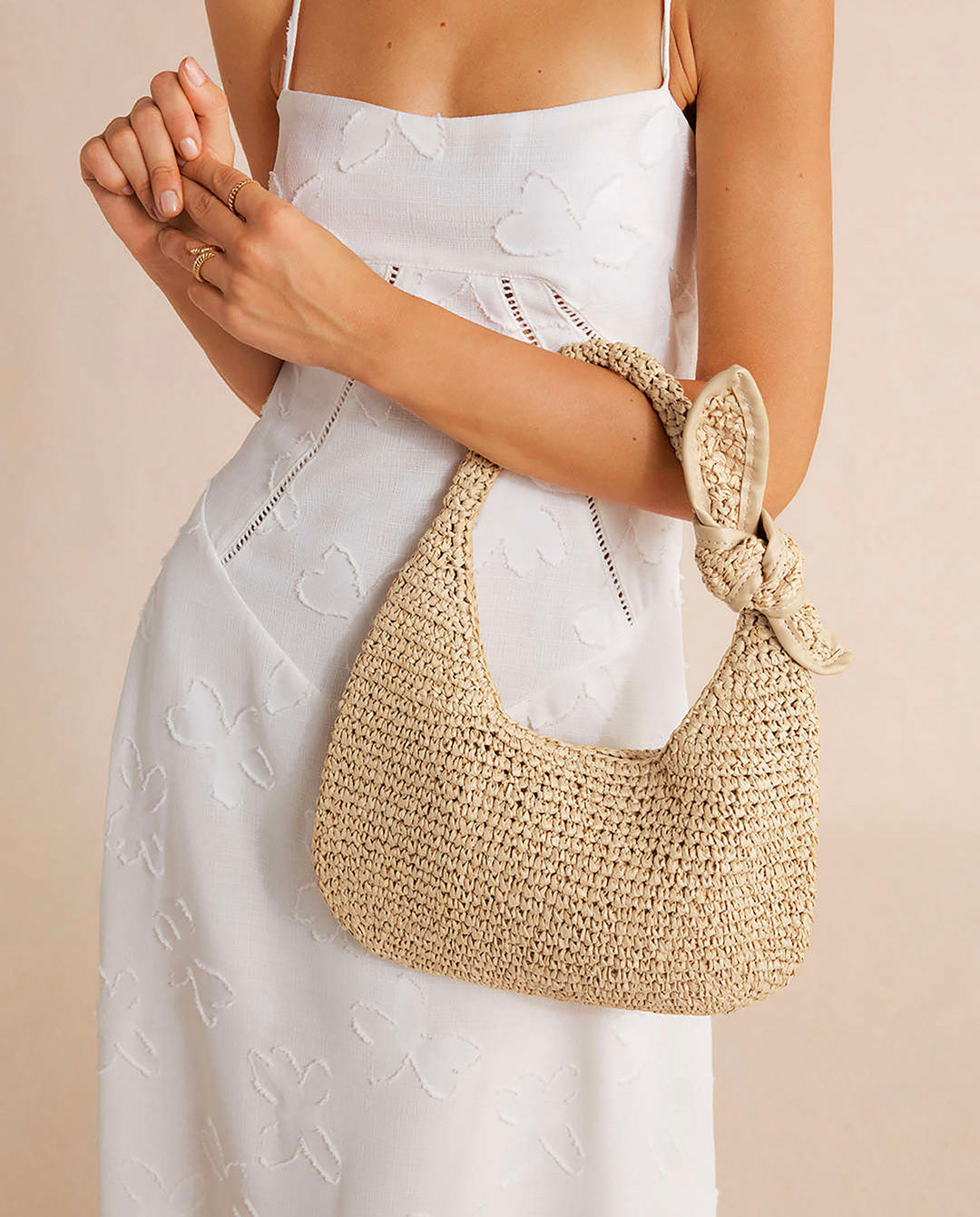 Beige Crochet Straw Hobo Shoulder Bag Knotted Strap Summer Beach Handbag