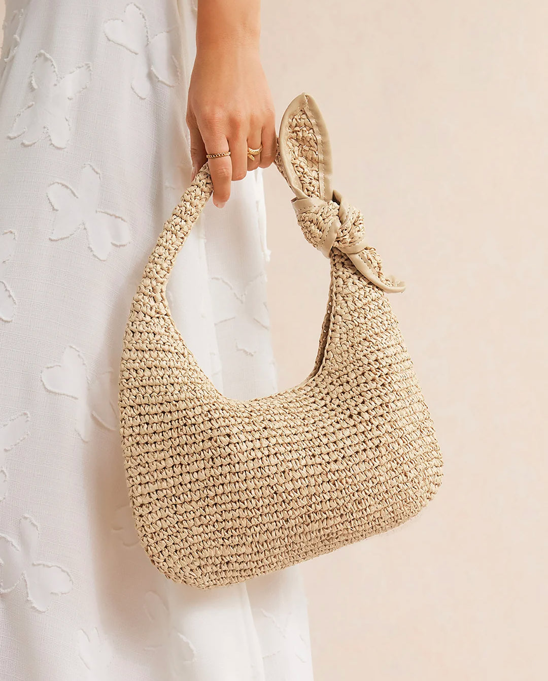 Beige Crochet Straw Hobo Shoulder Bag Knotted Strap Summer Beach Handbag