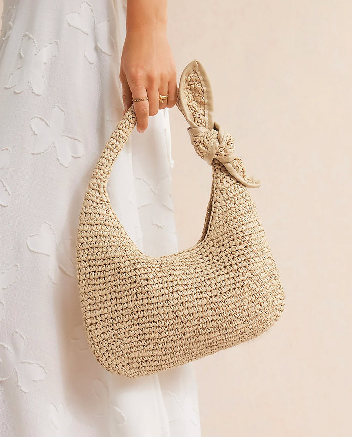 Beige Crochet Straw Hobo Shoulder Bag Knotted Strap Summer Beach Handbag