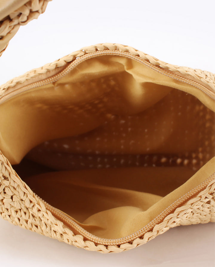 Beige Crochet Straw Hobo Shoulder Bag Knotted Strap Summer Beach Handbag