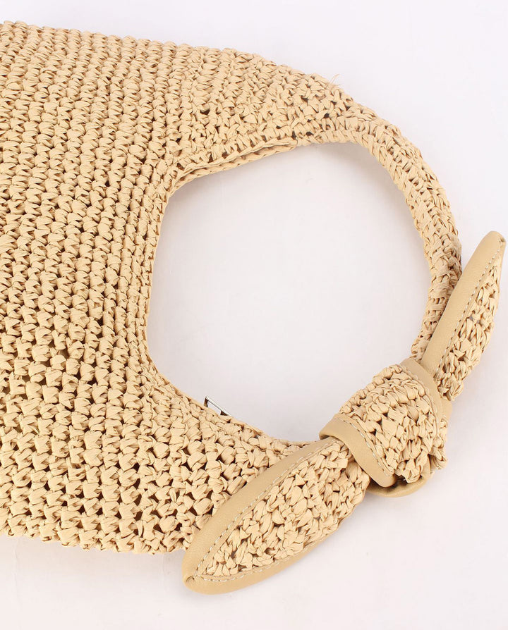 Beige Crochet Straw Hobo Shoulder Bag Knotted Strap Summer Beach Handbag