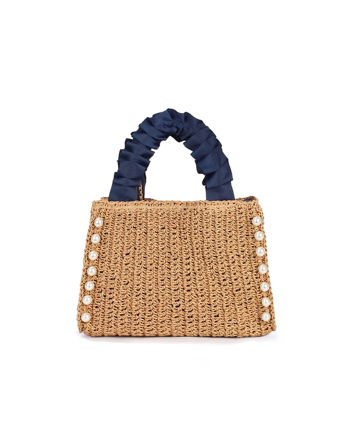 Woven Straw Mini Tote Bag Faux Pearl Decor Navy Ruched Handle Summer Handbag