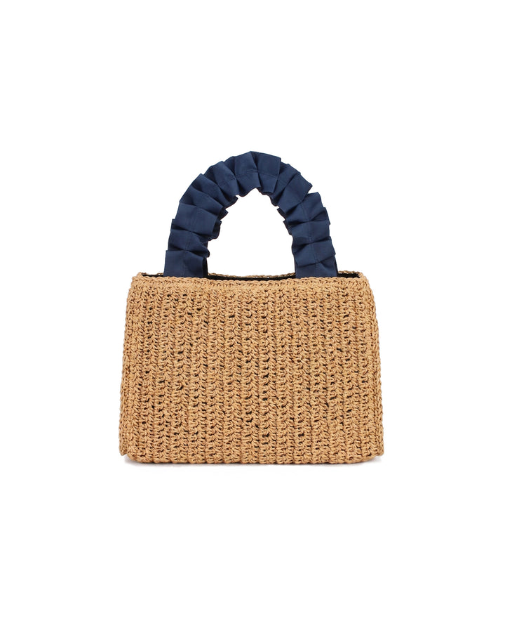 Woven Straw Mini Tote Bag Faux Pearl Decor Navy Ruched Handle Summer Handbag