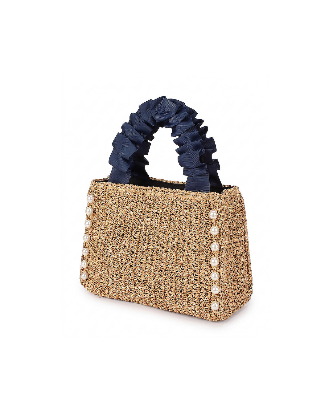 Woven Straw Mini Tote Bag Faux Pearl Decor Navy Ruched Handle Summer Handbag