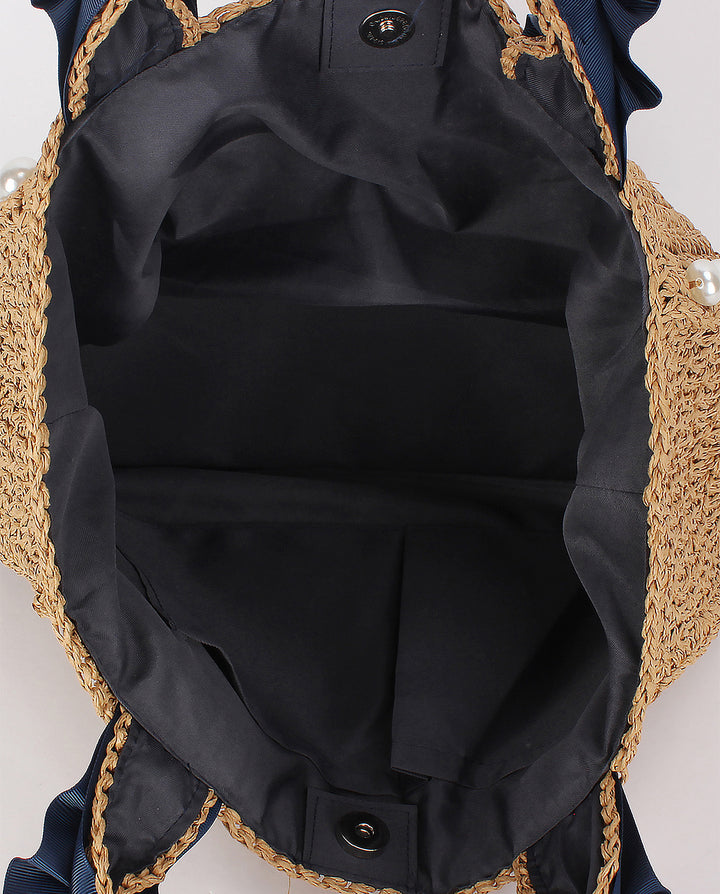 Woven Straw Mini Tote Bag Faux Pearl Decor Navy Ruched Handle Summer Handbag