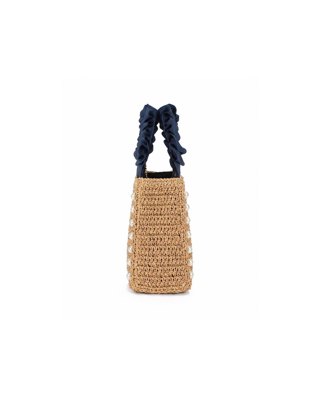 Woven Straw Mini Tote Bag Faux Pearl Decor Navy Ruched Handle Summer Handbag