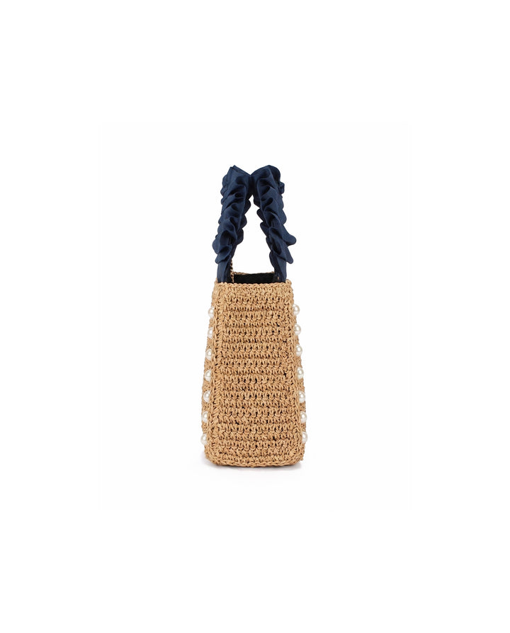 Woven Straw Mini Tote Bag Faux Pearl Decor Navy Ruched Handle Summer Handbag