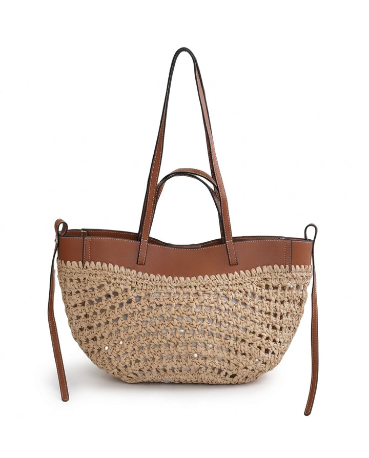 Large Hollow Straw Tote Bag Faux Leather Trim Dual Handle Beach Shoulder Handbag