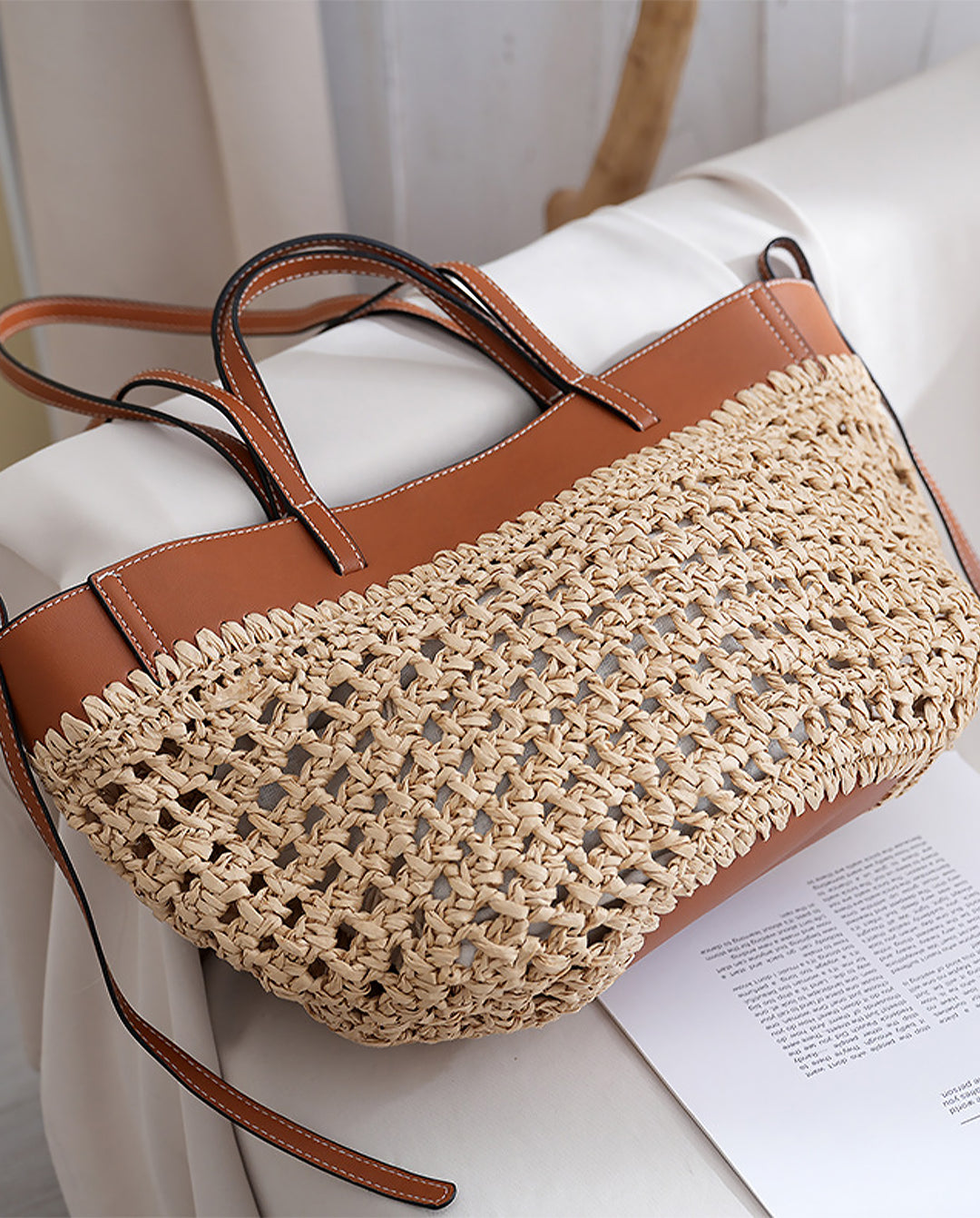 Large Hollow Straw Tote Bag Faux Leather Trim Dual Handle Beach Shoulder Handbag