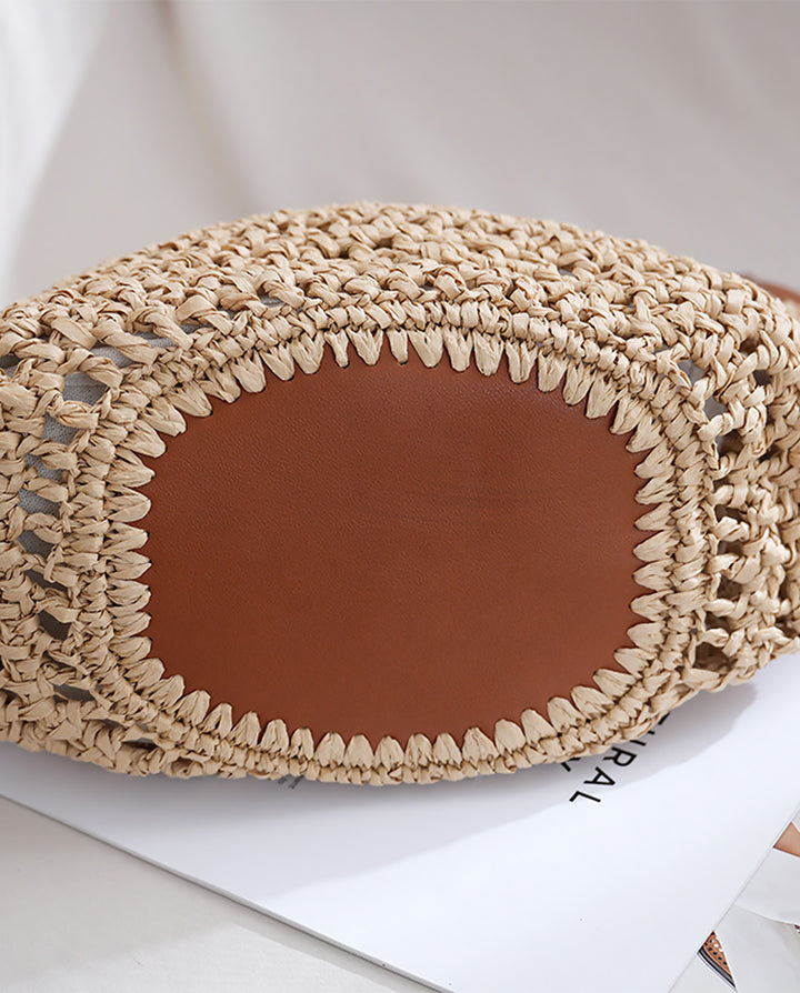 Large Hollow Straw Tote Bag Faux Leather Trim Dual Handle Beach Shoulder Handbag