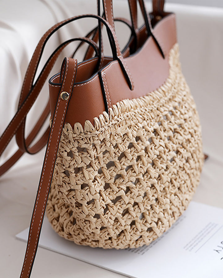 Large Hollow Straw Tote Bag Faux Leather Trim Dual Handle Beach Shoulder Handbag