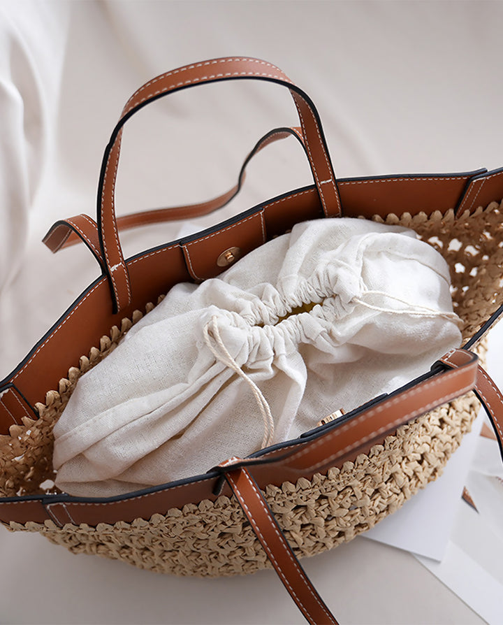 Large Hollow Straw Tote Bag Faux Leather Trim Dual Handle Beach Shoulder Handbag