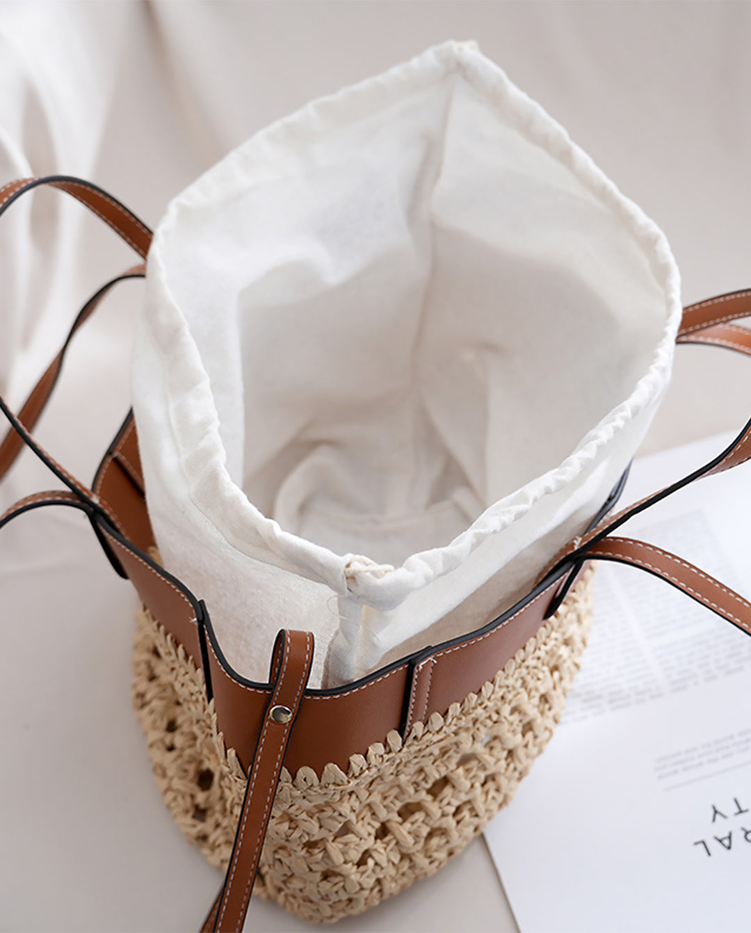 Large Hollow Straw Tote Bag Faux Leather Trim Dual Handle Beach Shoulder Handbag