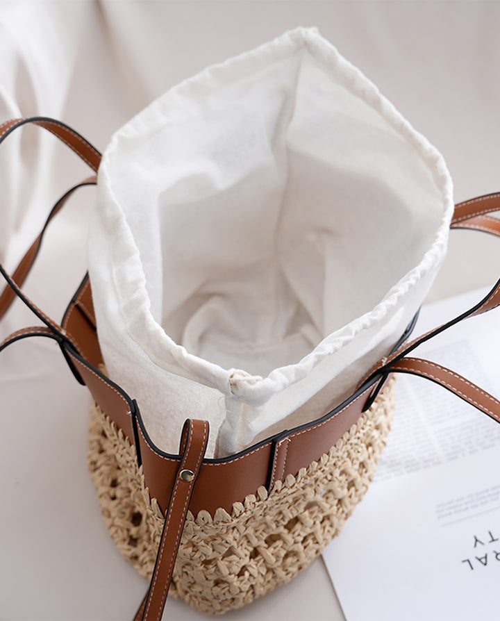 Large Hollow Straw Tote Bag Faux Leather Trim Dual Handle Beach Shoulder Handbag