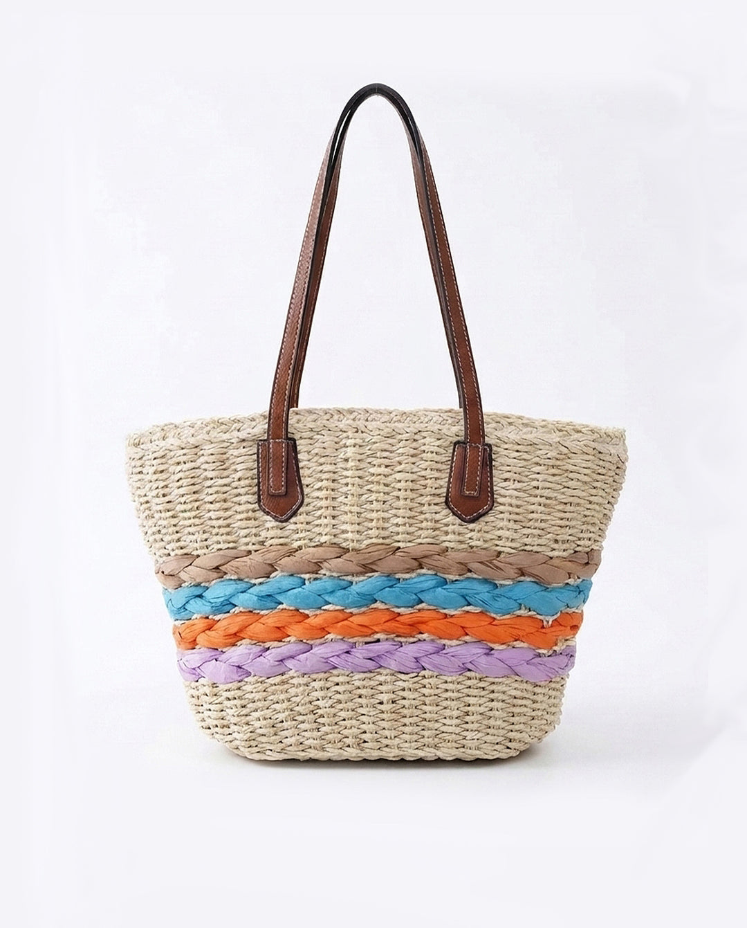 Colorful Striped Straw Tote Bag Faux Leather Handle Beach Shoulder Bag