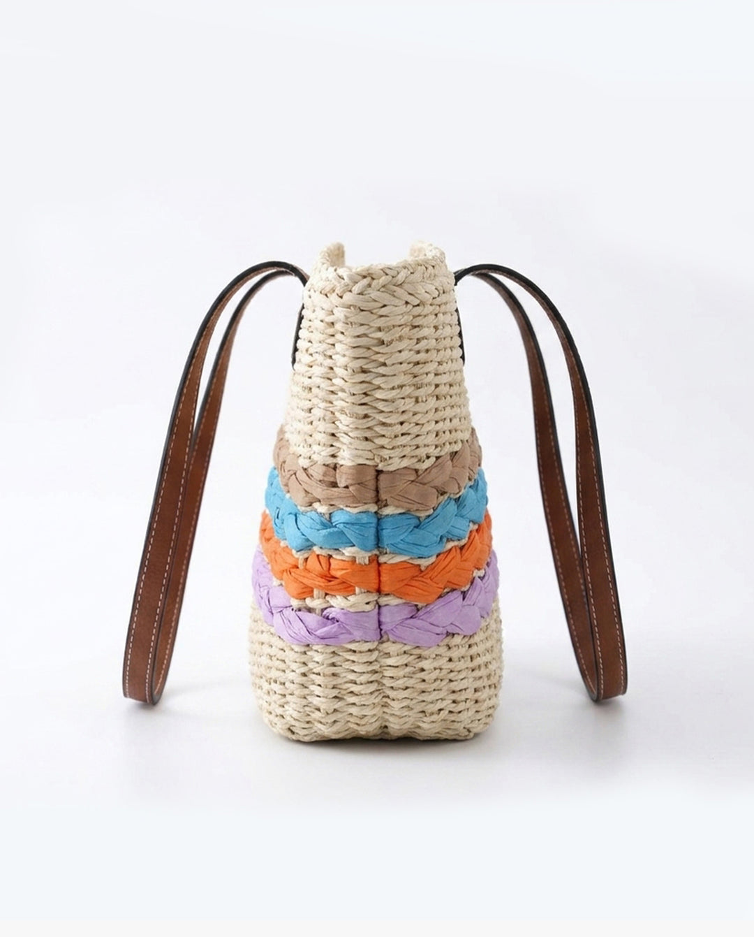 Colorful Striped Straw Tote Bag Faux Leather Handle Beach Shoulder Bag