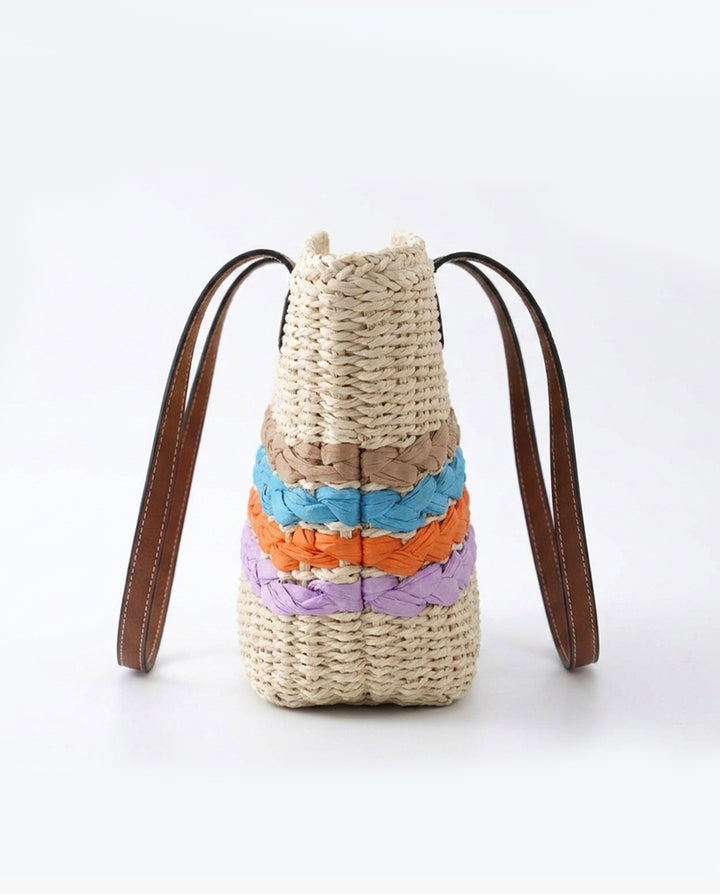 Colorful Striped Straw Tote Bag Faux Leather Handle Beach Shoulder Bag