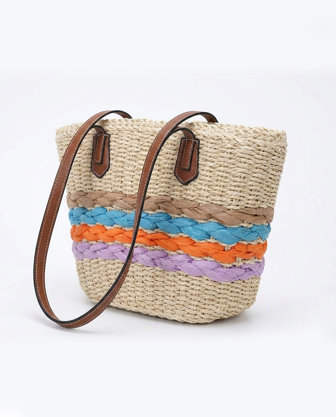 Colorful Striped Straw Tote Bag Faux Leather Handle Beach Shoulder Bag