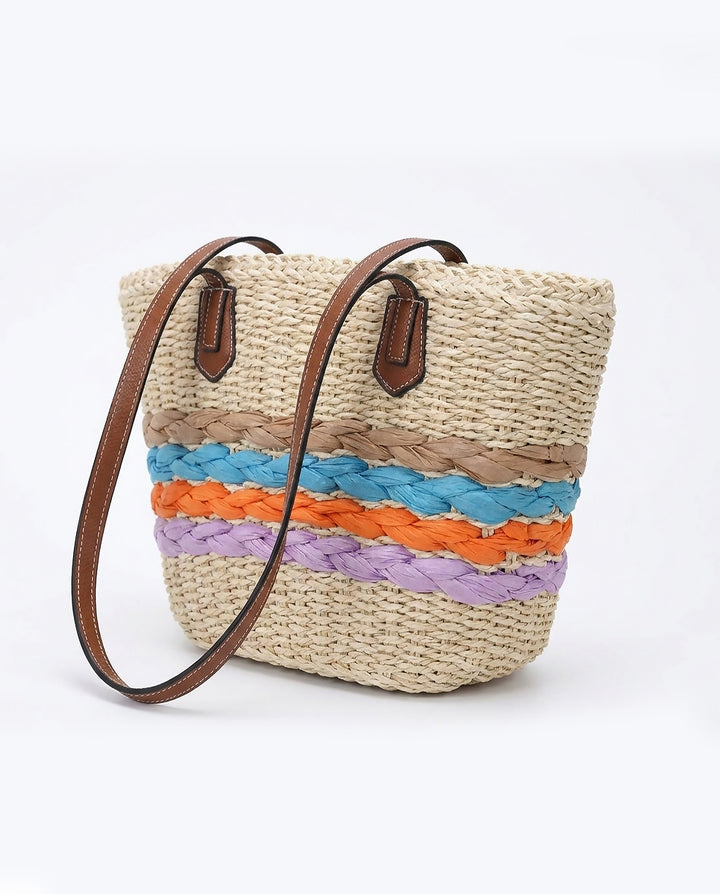 Colorful Striped Straw Tote Bag Faux Leather Handle Beach Shoulder Bag