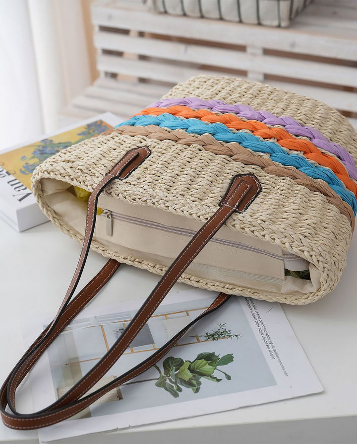 Colorful Striped Straw Tote Bag Faux Leather Handle Beach Shoulder Bag