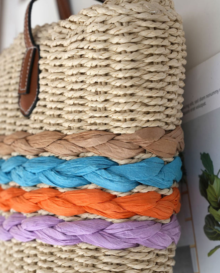 Colorful Striped Straw Tote Bag Faux Leather Handle Beach Shoulder Bag