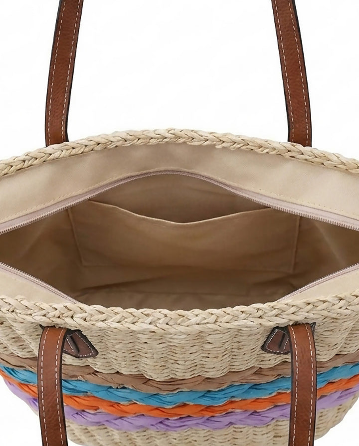Colorful Striped Straw Tote Bag Faux Leather Handle Beach Shoulder Bag