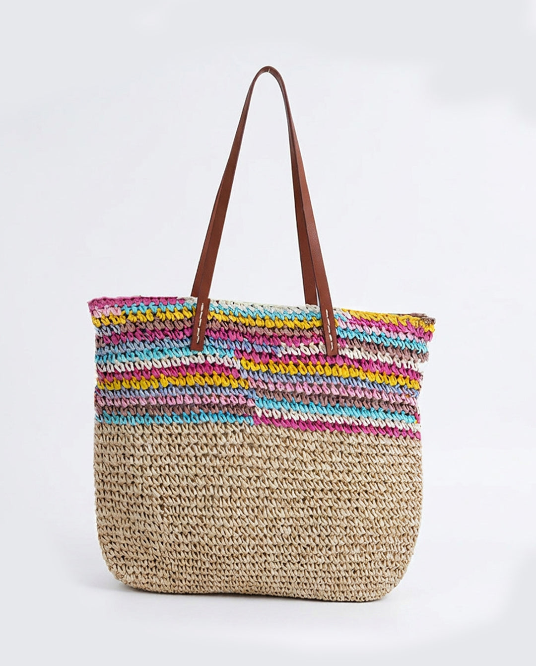 Multicolor Striped Straw Tote Bag Faux Leather Handle Beach Bag