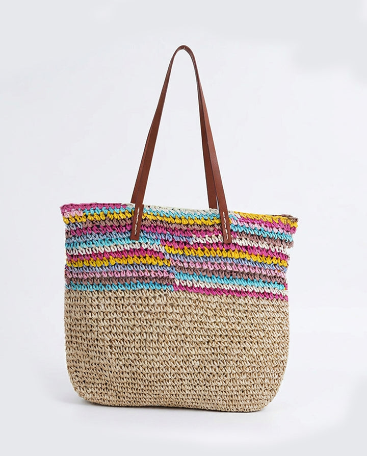 Multicolor Striped Straw Tote Bag Faux Leather Handle Beach Bag