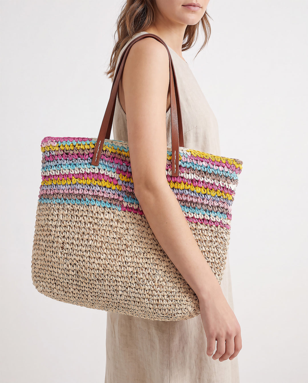 Multicolor Striped Straw Tote Bag Faux Leather Handle Beach Bag